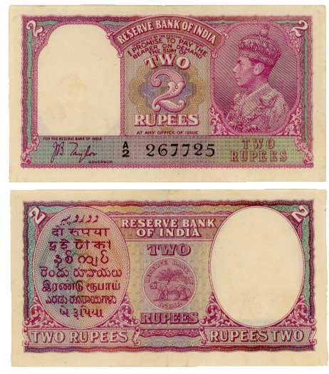 George VI, Rupees 2, Type 4.2, Signed J. B. Taylor, Prefix A/2, Serial number in Black (R 
