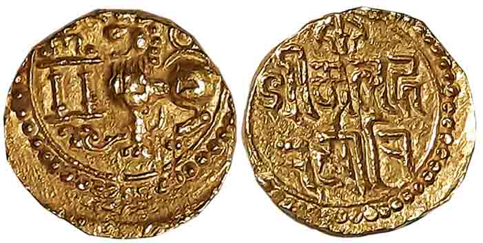 Kadambas of Goa, Gold Gadyana, 3.75g, “Malaharamari- Conqueror of the Malava”, Obv: Lion s