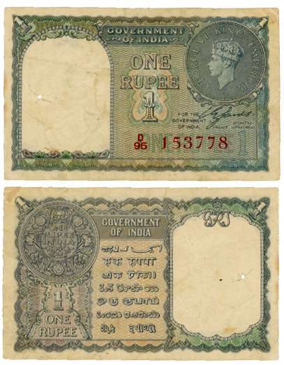 George VI, Rupee 1, Type 4.1, 1940, Signed C.E. Jones, Prefix D/95, Serial number in Red (