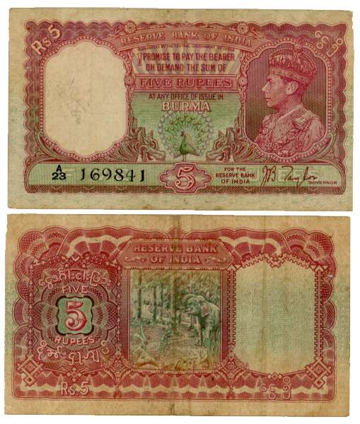 George VI, Rupee 5, Type 5.4, Signed J. B. Taylor, Prefix A/23 (R IPM# 5.4.1). Deep fold i