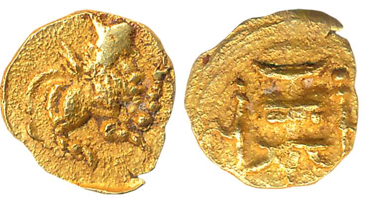Santaras of Santalige, Anonymous, Gold Fanam, 0.39g, Obv: Lion standing facing right with 