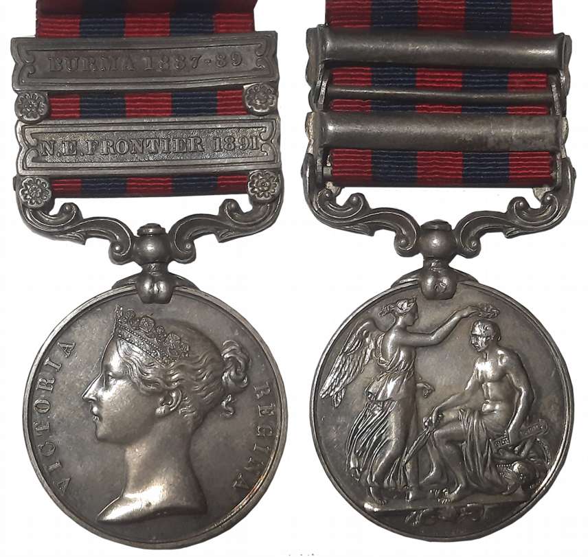 Victoria, India General Service Silver Medal, N E Frontier 1891, Burma 1887-89 bars, Award