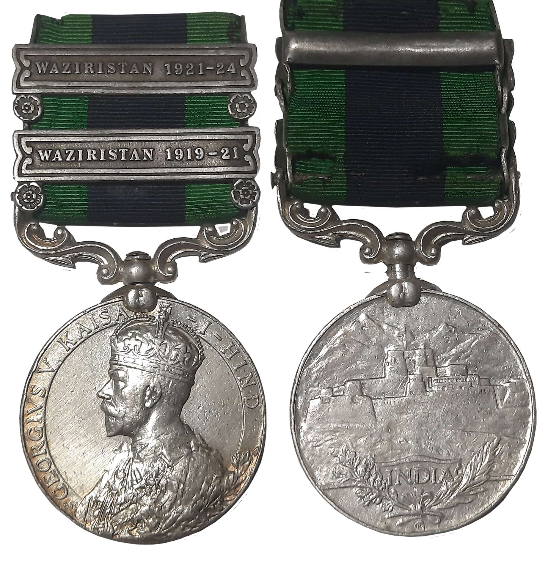 George V, India General Service Silver Medal, Waziristan 1919-21 & 1921-24 Bars, Awarded t