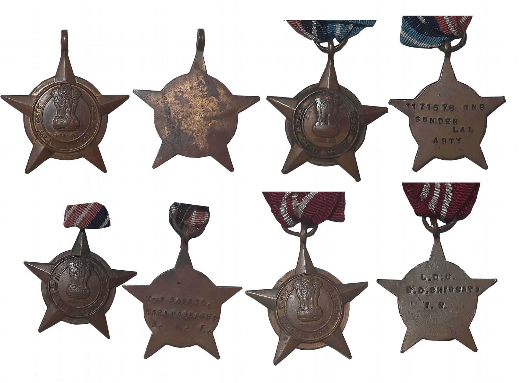 Military Service Medals (4), Poorvi Star, Bronze (4), No name mentioned. Without ribbon, “