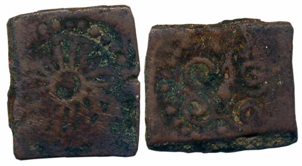 Post Mauryan, Copper, 3.98g, Obv: Chakra, Rev: Shri Vatsa (Pieper# 499 type but heavier). 