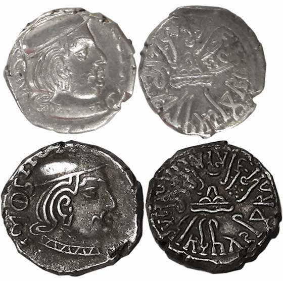 Rudrasena II son of Viradaman as MahaKshatrapa, Silver Drachmas (2), SE188, 189, Obv: Bust