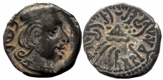 Rudrasena II, son of Viradaman as MahaKshatrapa, Silver Drachma, 2.28g, SE194, Obv: Bust o