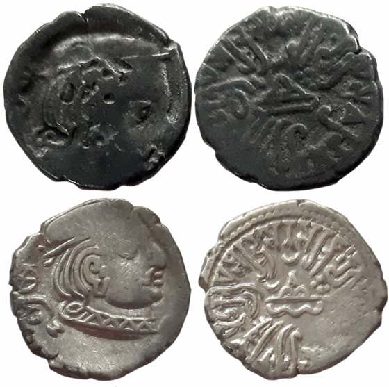 Rudrasena II, son of Viradaman as Mahakshatrapa, Silver Drachmas (2), SE190, 19X, Obv: Bus