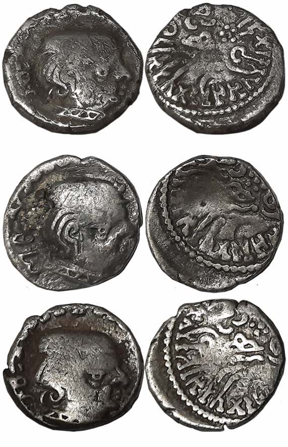 Visvasena, son of Bhartrdaman as Kshatrapa, Silver Drachmas (3), SE221, 222, Obv: Bust of 