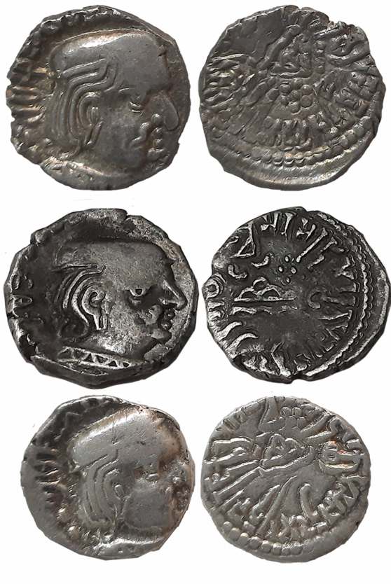 Visvasena, son of Bhartrdaman as Kshatrapa, Silver Drachmas (3), SE225, 226, 22X, Obv: Bus