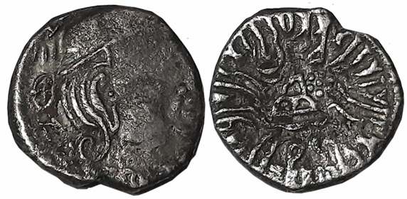 Rudrasena III, son of Rudradaman II as MahaKshatrapa, Silver Drachma, 1.87g, SE293, Obv: B