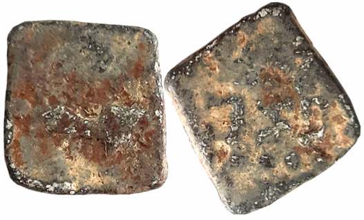 Rudrasena III as MahaKshatrapa, Lead Unit, 2.80g, SE279, Obv: Humped Bull to right within 