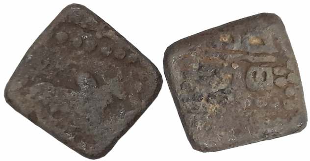 Rudrasena III as MahaKshatrapa, Lead Unit, 3.00g, SE282, Obv: Humped Bull to right, Rev: T