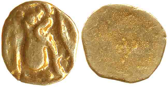 Imperial Cholas, Anonymous, Gold 1/2 Fanam, 0.16g, Uniface, Tiger facing towards strung bo