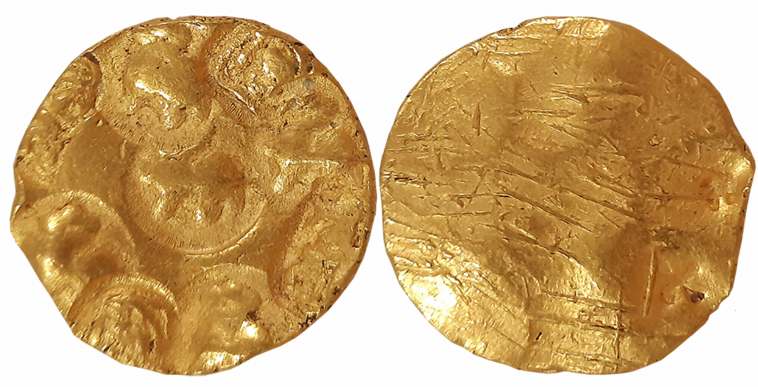 Chalukyas of Kalyani, Jayasimha II, Jagadekamalla, Gold Gadyana, 3.79g, Obv: Nine punches 