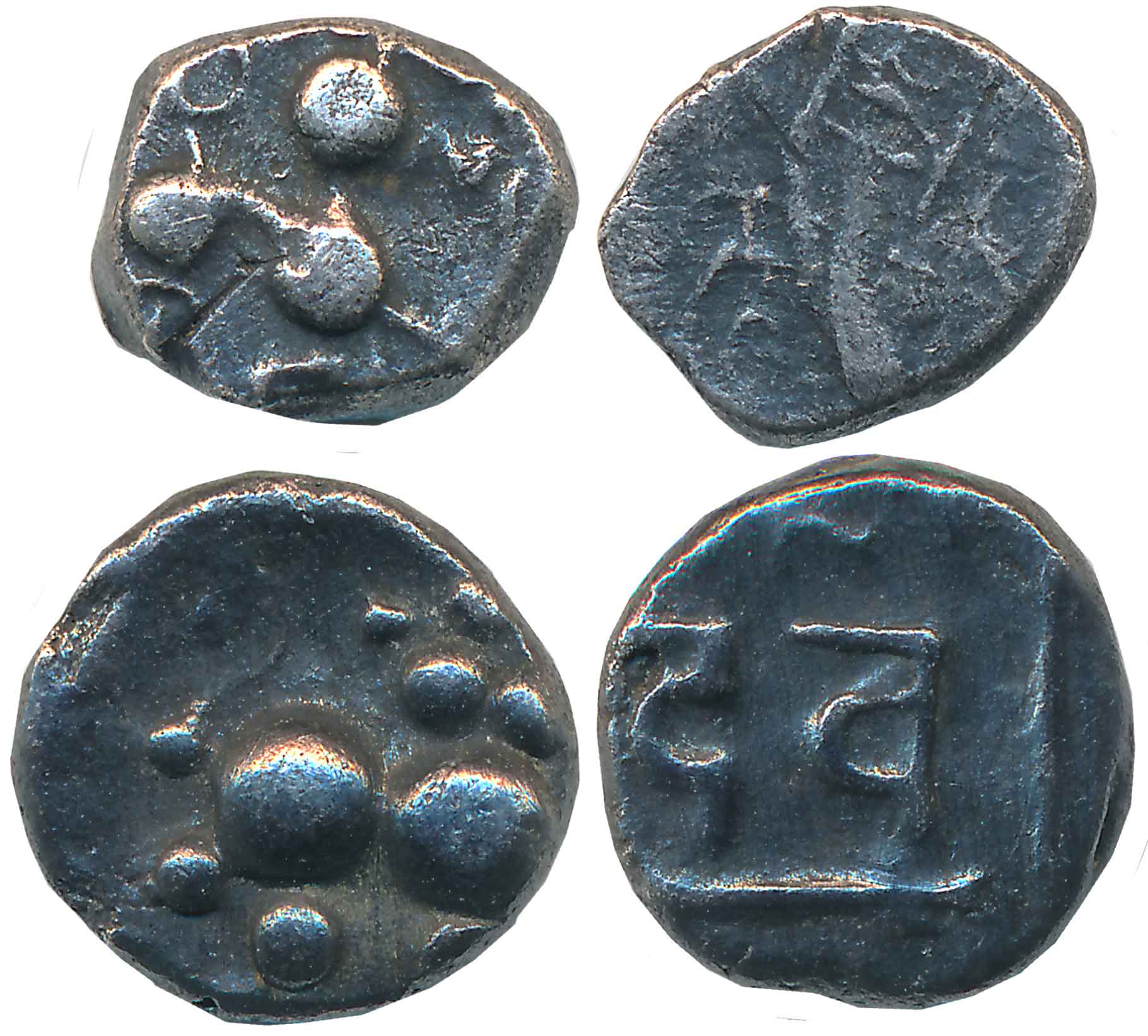 Yadavas of Devagiri, Silver Kasu (2), 0.87, 0.77g, Obv: 1) Stylized Lion to right, 2) Lion