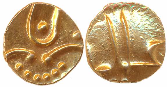Hoysalas of Dwarasamudra, Anonymous Gold Fanam, 0.40g, Obv: Lion to right crescent above, 