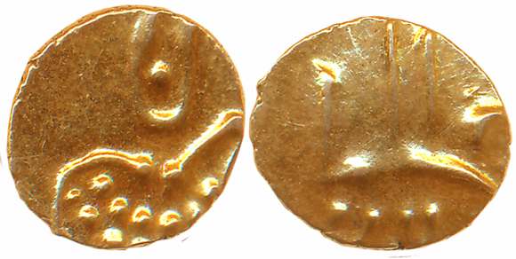 Hoysalas of Dwarasamudra, Anonymous Gold Fanam, 0.38g, Obv: Lion to right crescent above, 