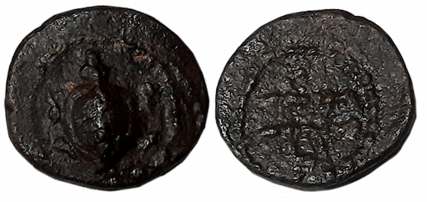 Hoysalas of Dwarasamudra ?, Copper, 1.96g, Obv: Kurma (Tortoise, one of the Lord Vishnu’s 