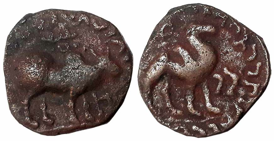 Kushana, Kujula Kadphises, Copper, 7.57g, Obv: Bull to right, corrupt Greek legend around,
