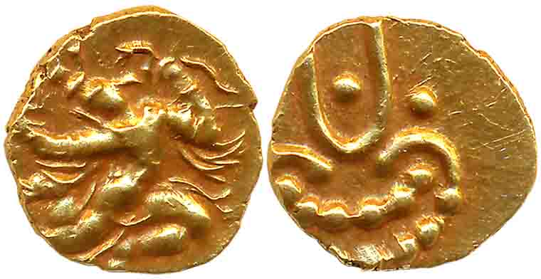 Banas of Madurai, Samarakolakalan, Gold Fanam, 0.15g, Obv: Stylize Garuda running to right