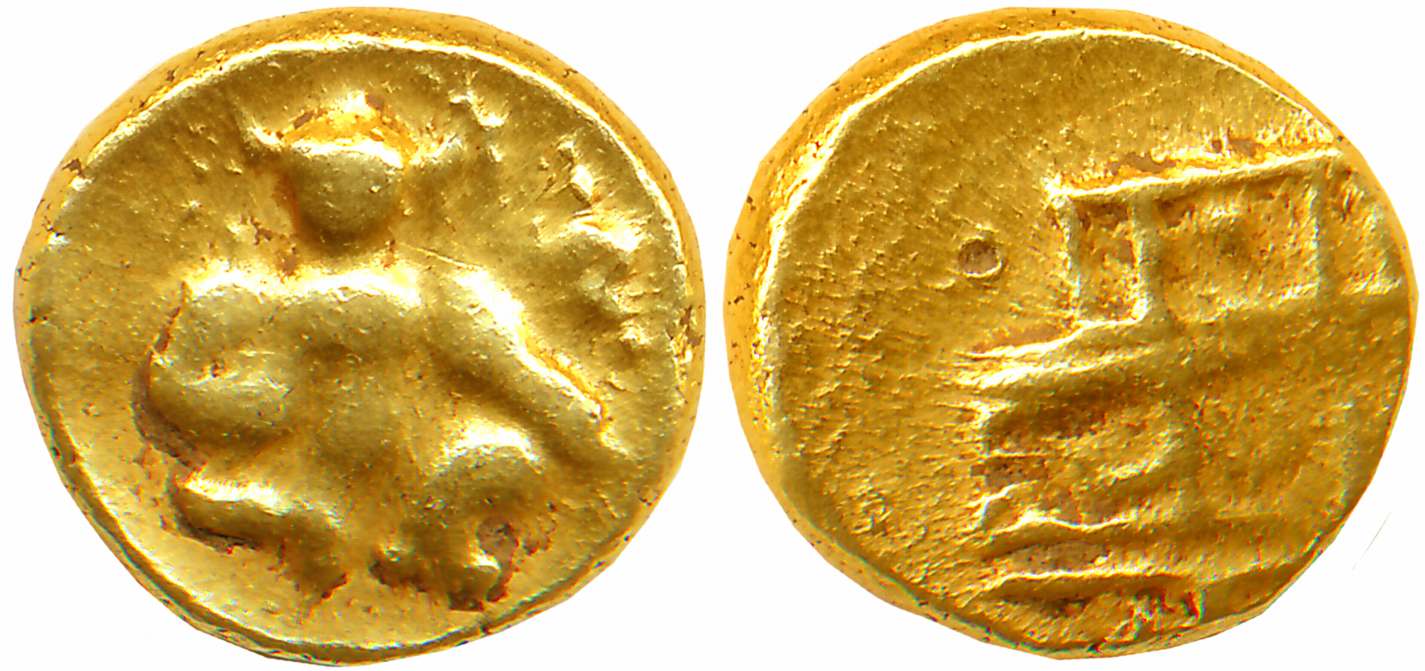 Vijaynagar Empire, Krishnadevraya, Gold 1/2 Varaha, 1.69g, Obv: Lord Bala Krishna seated f