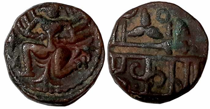 Vijaynagar Empire, Krishnadevraya, Copper Jital, 8.43g, Obv: Garuda kneeling left, hands j