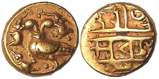 Vijaynagar Empire, Achyutadevaraya, Gold 1/2 Varaha, 1.66g, “Gandabherunda” type, Obv: Two