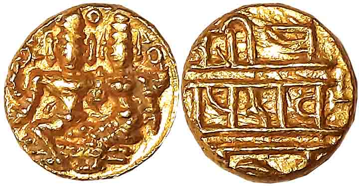 Vijaynagar Empire, Sadashivraya, Gold 1/2 Varaha, 1.70g, Obv: Lord Vishnu seated in Padmas