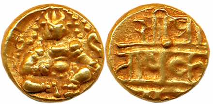 Naykas of Chitradurga, Gold Durgi Varaha, 3.38g, Obv: Seated Bal Krishna, Rev: Devnagari l