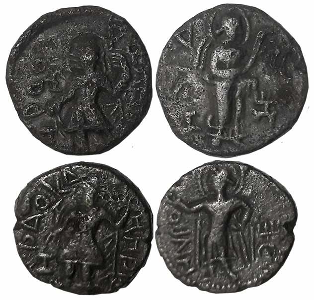 Kushana, Kanishka, Copper Drachms (2), 3.63g, 4.10g, Obv: King stand facing left, Rev: Sun