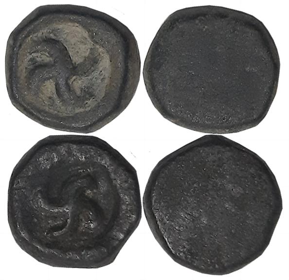 Taxila, Copper (2), 3.50g, 2.56g, Uniface, Swastika type (Pieper# 1452, 1453). Very fine+.