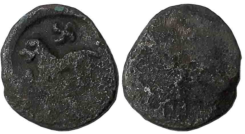 Taxila, Copper Unit, 2.31g, Uniface, Lion to left, swastika above on obverse. About fine.