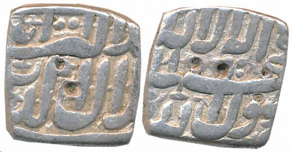 Akbar, Silver Square 1/2 Rupee, 5.57g, “Kalima” type, Ahmedabad Mint (off flan), AH 1001. 