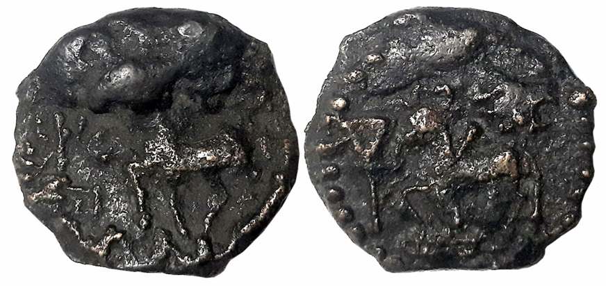 Kaushambi, Copper, 6.03g, Lanky Bull type, Obv: Horse to left, Railed tree on left, Rev: B