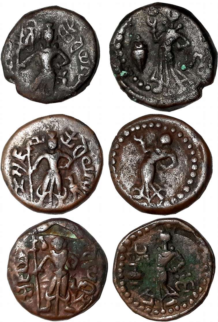 Yaudheyas, Copper (3), 10.88g, 11.04g, 11.32g, Obv: Lord Kartikeya standing with Peacock, 