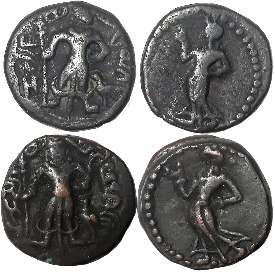 Yaudheyas, Kartikeya / Devasana type, Copper (2), 10.54g, 10.53g, Obv: Lord Kartikeya stan