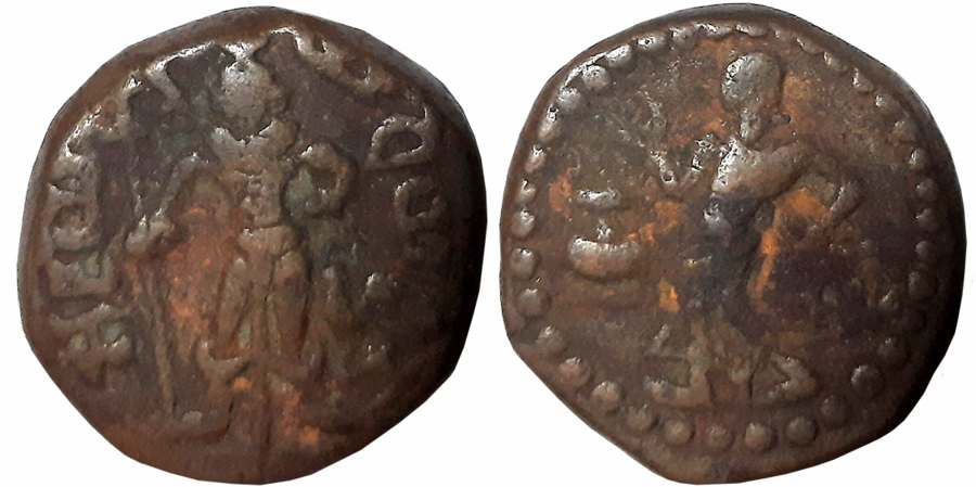 Yaudheyas, Copper, 11.57g, Obv: Lord Kartikeya standing with Peacock, Brahmi legend “Yaudh