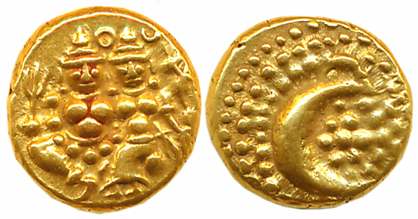 Haidar Ali, Gold Pagoda, 3.42g, Obv: Lord Shiva Parvati seated, Rev: Persian letter “He” f