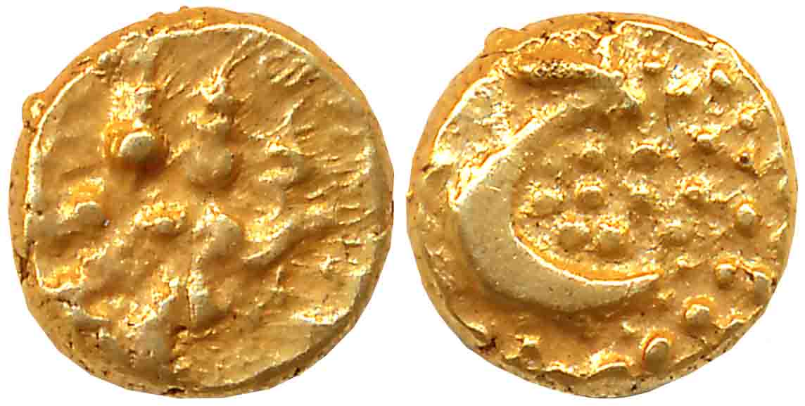 Haider Ali, Gold Fanam, 0.38g, Obv: Lord Shiva Parvati seated, Rev: Persian letter “He” fo