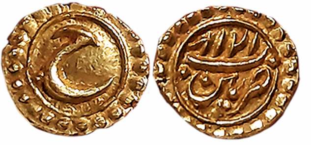 Tipu Sultan, Gold Fanam, 0.39g, Patan Mint, AM 1218, Persian letter “He” (KM# 128.1). Unci
