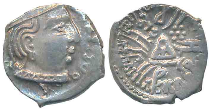 Western Kshatrapa, Rudrasena III as Mahakshatrapa, Silver Drachma, 2.13g, Obv: Bust of Kin