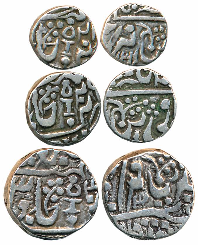 Silver (3), Rupee, 1/2 Rupee & 1/4 Rupee, “Gaja Shahi”, RY 4X, RY 20, RY 20 (KM# C# 38, 37