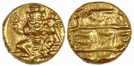 Ranadheera Kanthirava Narasa Raja, Gold 1/2 Pratapa- Hon, 1.71g, Obv: Lord Narasimha seate