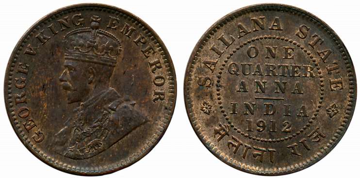 Copper 1/4 Anna, 1912, with the name of George V (KM# 16). About uncirculated.