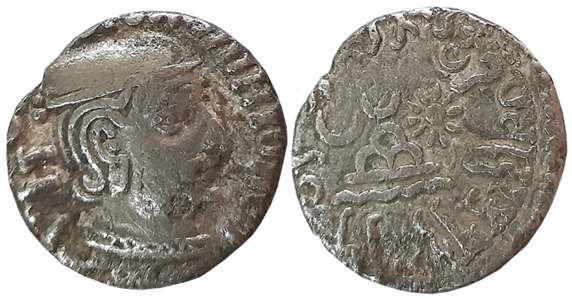 Rudrasimha I, son of Rudradaman as MahaKshatrapa, Silver Drachma, 1.92g, SE104 Obv: Bust o