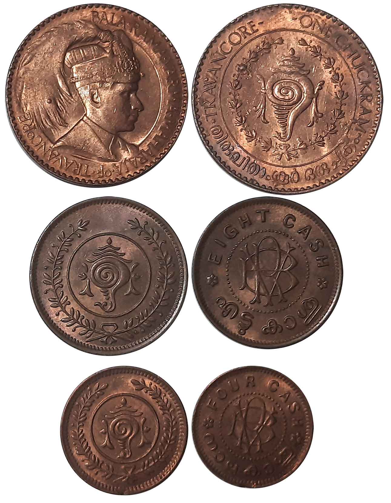 Balarama Varma II, Copper Chuckram, Eight Cash, 4 Cash (3), (KM# 60, KM# 59, KM# 58). Very