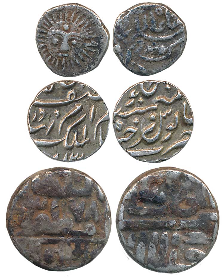 Silver (3), Kori, 4.39g, 1/8 Rupee, 1.38g, Sunface, Malharnagar Mint, in the name of Shah 