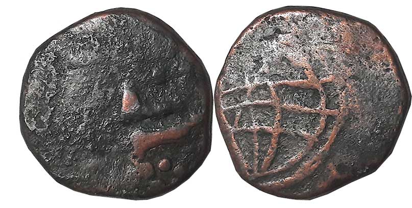 Goa, D. Joao III, Copper Dinheiro, 4.31g, Obv: Monogram?, Rev: Astrolabe (Gomes# 07.01). F