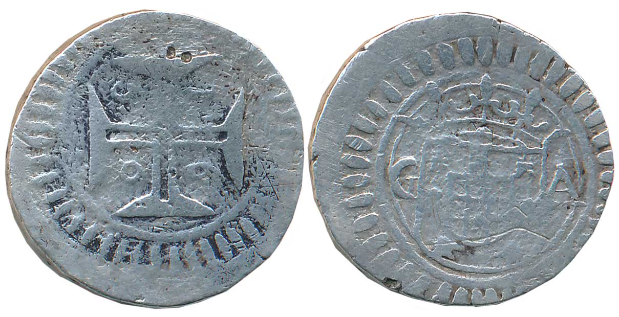 Goa, D. Joao IV, Silver Xerafim, 10.07g, Obv: Arms of Portugal with letters GA, Rev: Cross